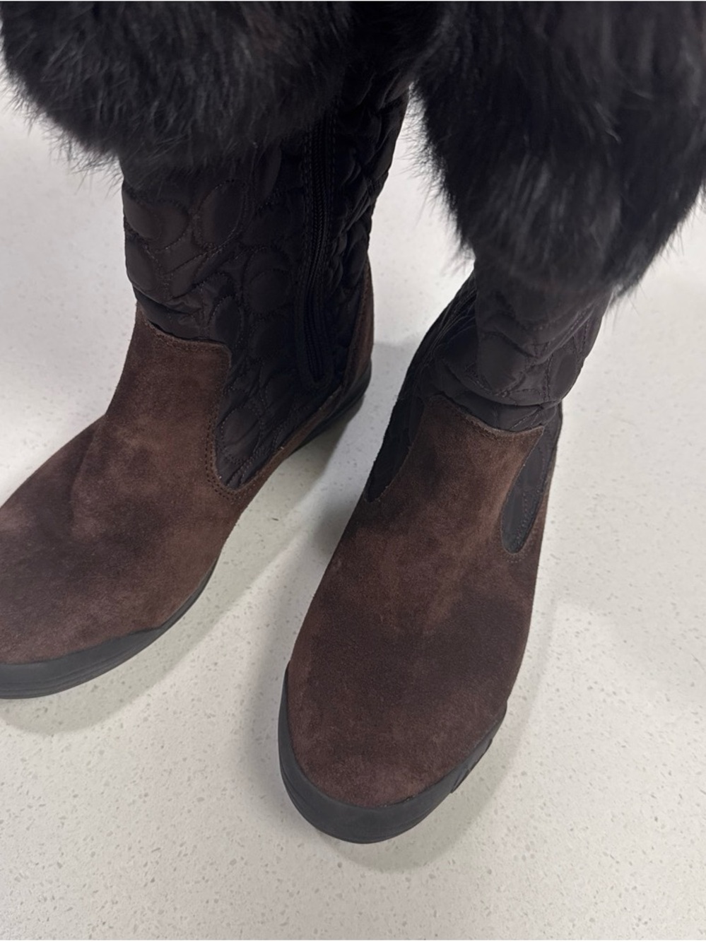 Coach Brown Suede Quilted Winter Boots with Fur Trim
